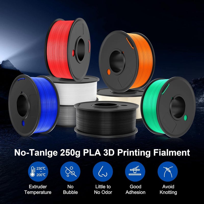 Sunlu 250g PLA Filament 1.75mm Bundle,3D Printer Filament Bundle Multicolor, Neatly Wound PLA Filament, Individually Vacuum Packed,250g Spool,8 Rolls,Black+White+Grey+Transparent+Red+Blue+Orange+Green - Image 4